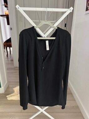 Athleta Black Ribbed Henley Long Sleeve Top